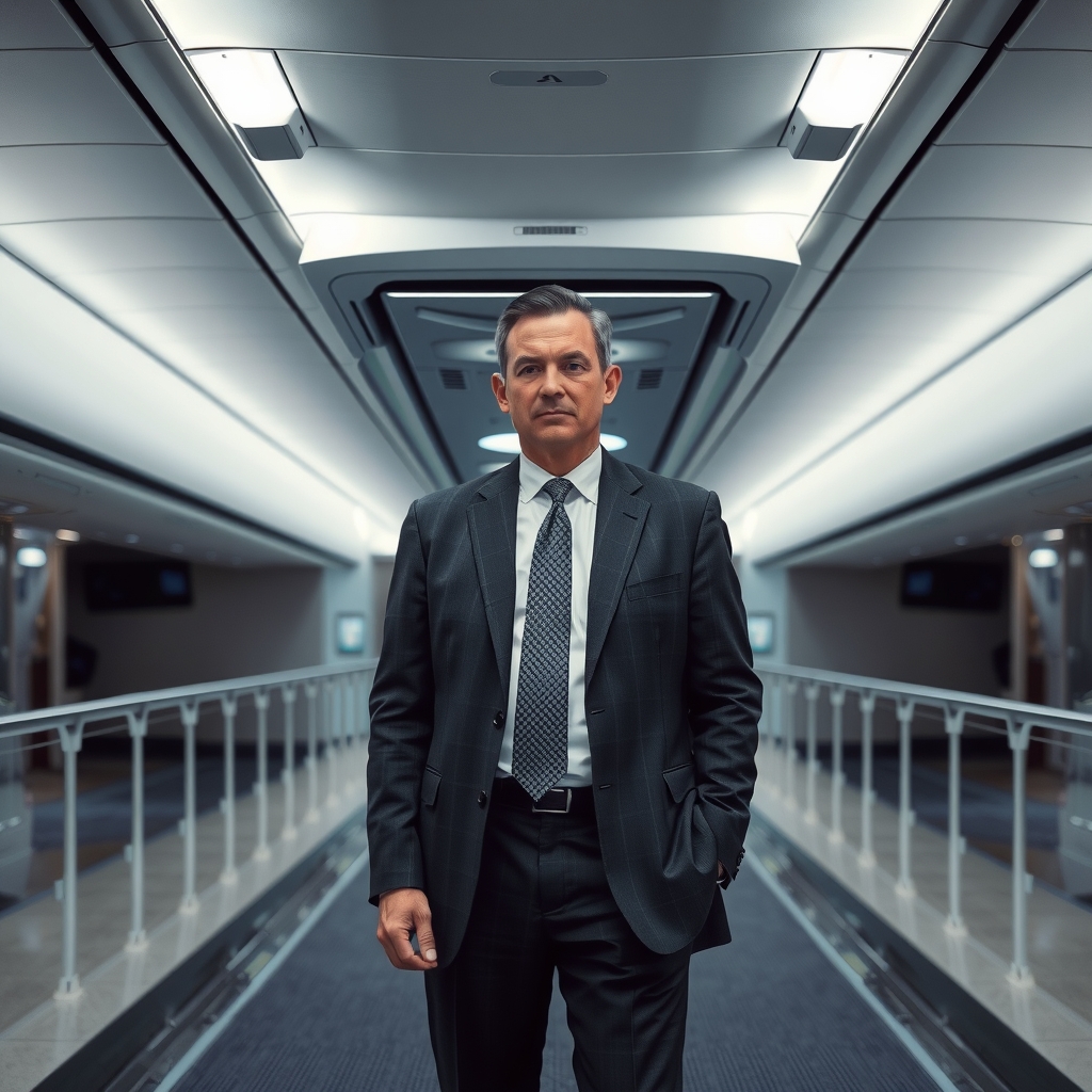 A man in a suit stands in an empty aircraft cabin with his hand resting on an open overhead bin as though he owns it.