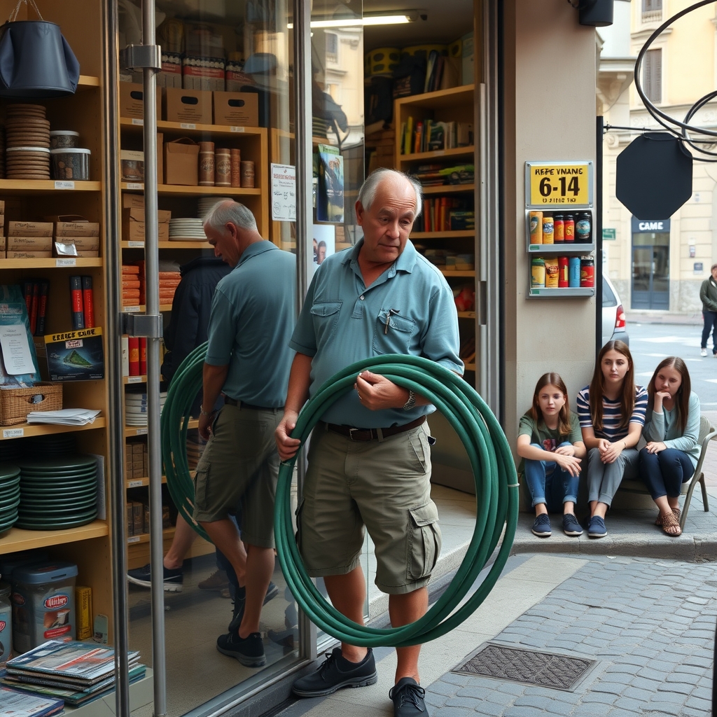 A man in a polo shirt studies a brass hose fitting inside a small Italian hardware store while his family sits on the curb outside, visible through the window.