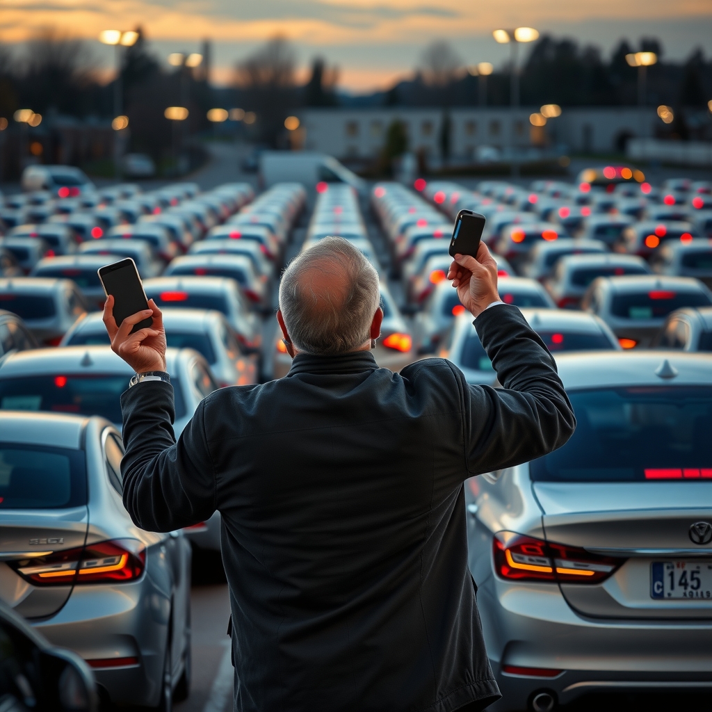 A man stands in a packed parking lot at dusk, holding up a phone and a key fob while scanning rows of similar cars.