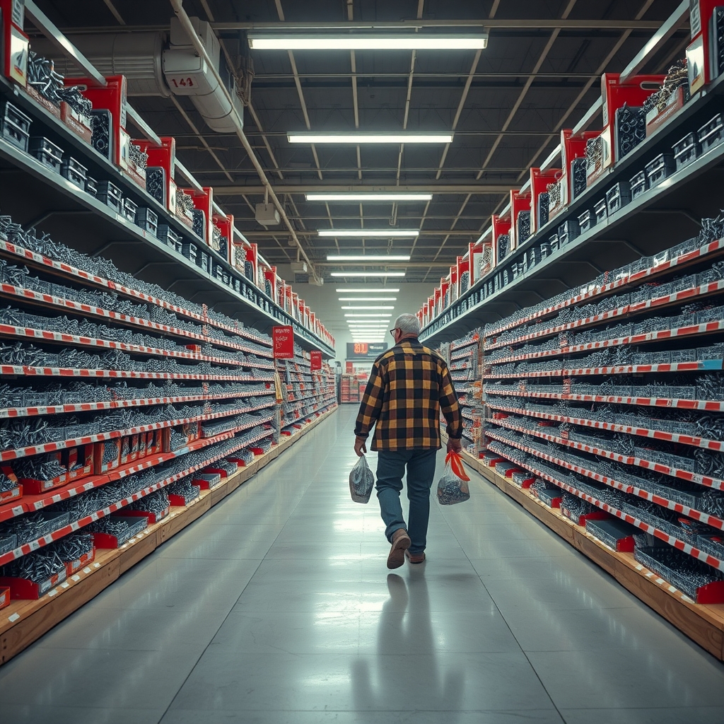 A man in a flannel jacket walks away down an enormously long hardware store aisle lined with bins of fasteners, the far end lost in the distance.