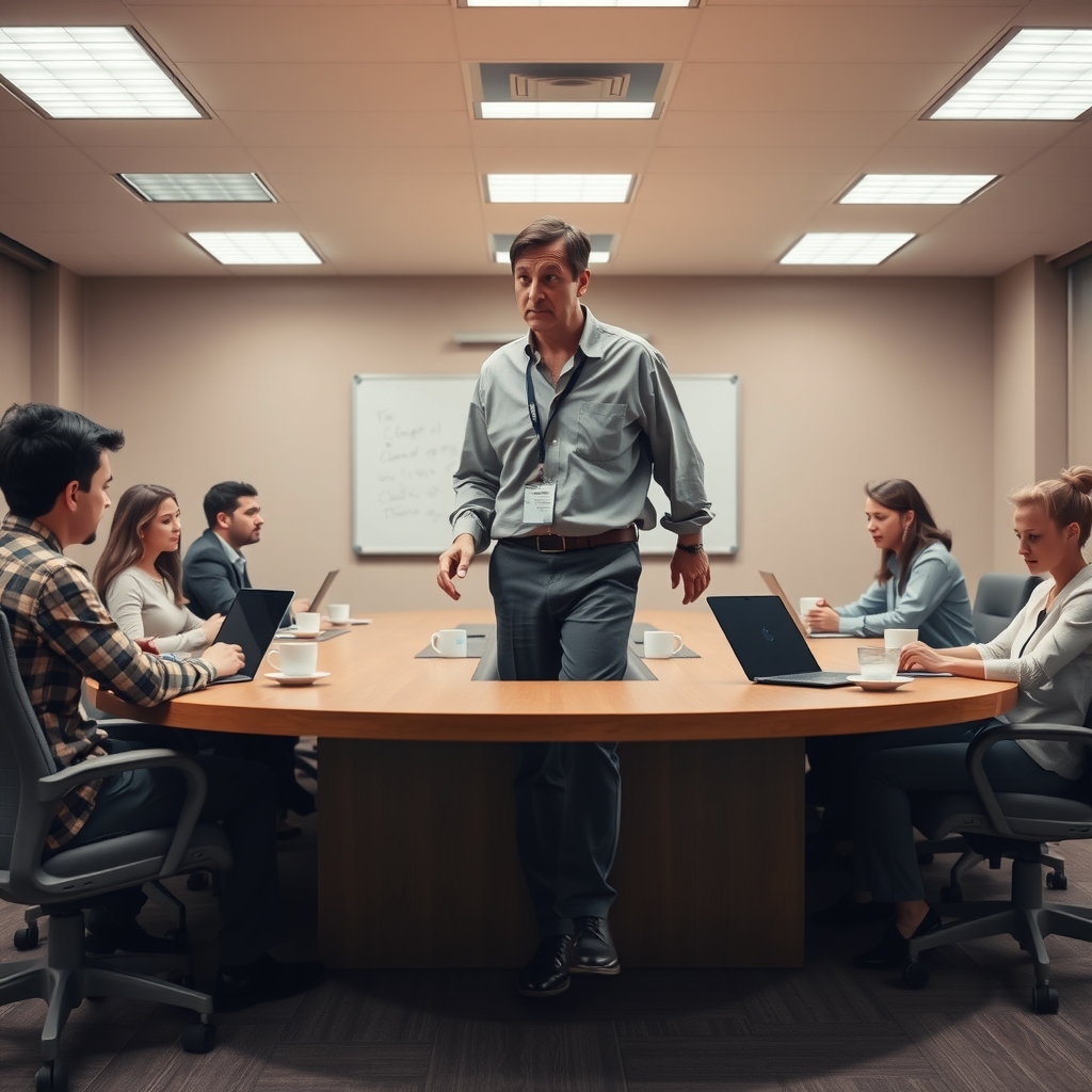 A man in a lanyard walks around a conference table as seated coworkers look on over their laptops.