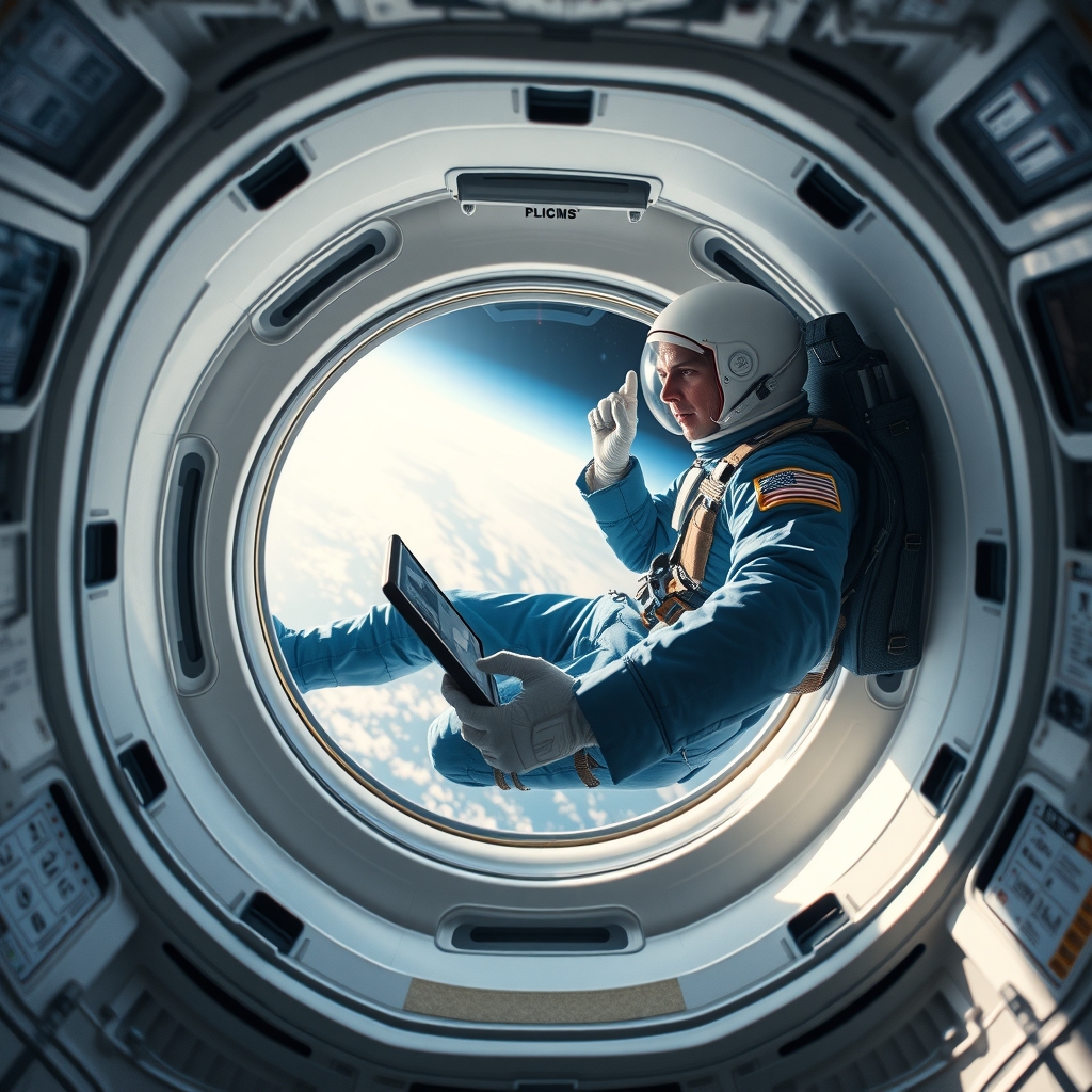 An astronaut in a blue flight suit floats inside a capsule, looking at a tablet while Earth’s curved horizon glows in the porthole behind.