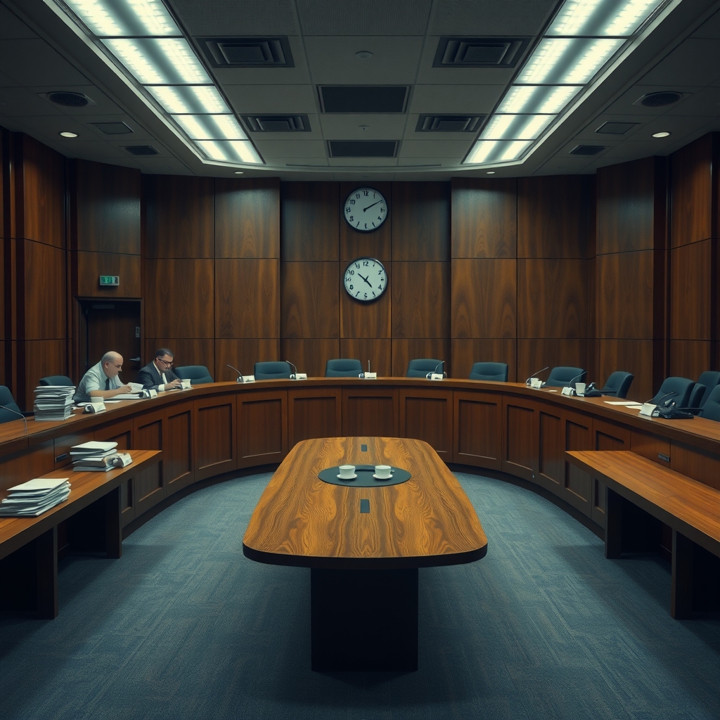 Weary city council members sit at a dais in a nearly empty chamber, while a lone wooden table sits unattended in the middle of the room.