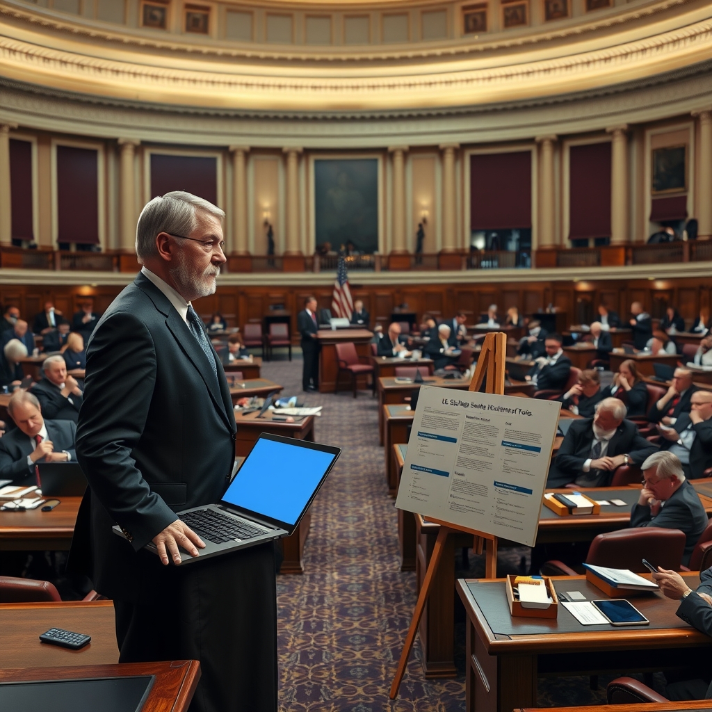 Samotny senator w ciemnym garniturze stoi spięty przy projektorze w sali senackiej, a za jego plecami kilkadziesiąt osób przegląda telefony i gawędzi.