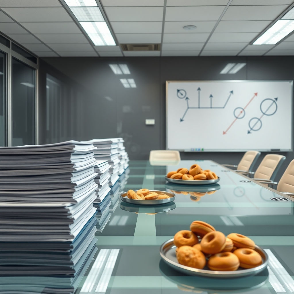 A boardroom table piled with thick bound reports beside a tray of pastries and a whiteboard covered in indistinct arrows.