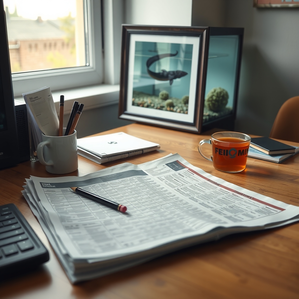 A veteran crossword constructor's desk with a half-completed grid, a pencil, a mug of tea, and a framed photo of an eel on the wall.