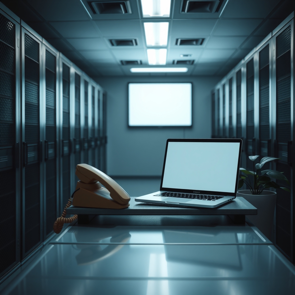A beige desk phone and an open laptop with a blank chat window sit facing each other on a table in an empty server room.