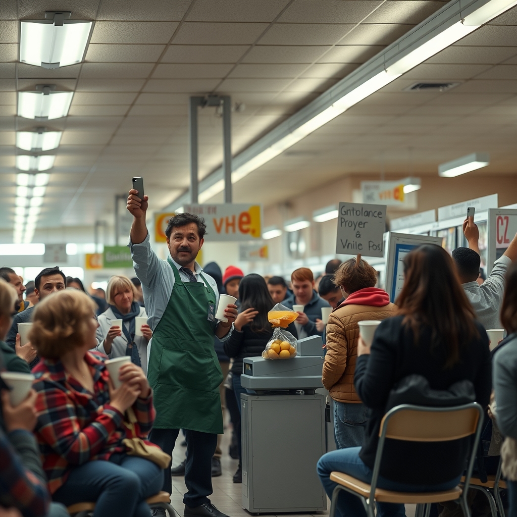 A crowd of shoppers surrounds a self-checkout kiosk as an attendant in a green apron raises a keycard over a bag of onions on the scale.