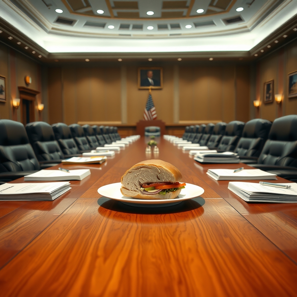 A government conference table stacked with thick bound reports, with a single turkey sandwich on a paper plate at its center.