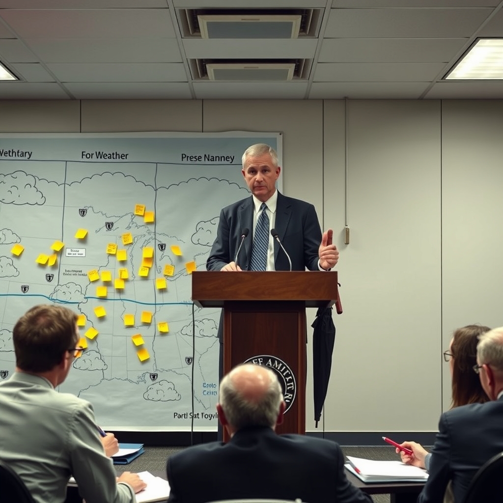 An official stands at a podium beside a weather map covered in hand-drawn clouds and sticky notes while reporters take notes in a plain briefing room.