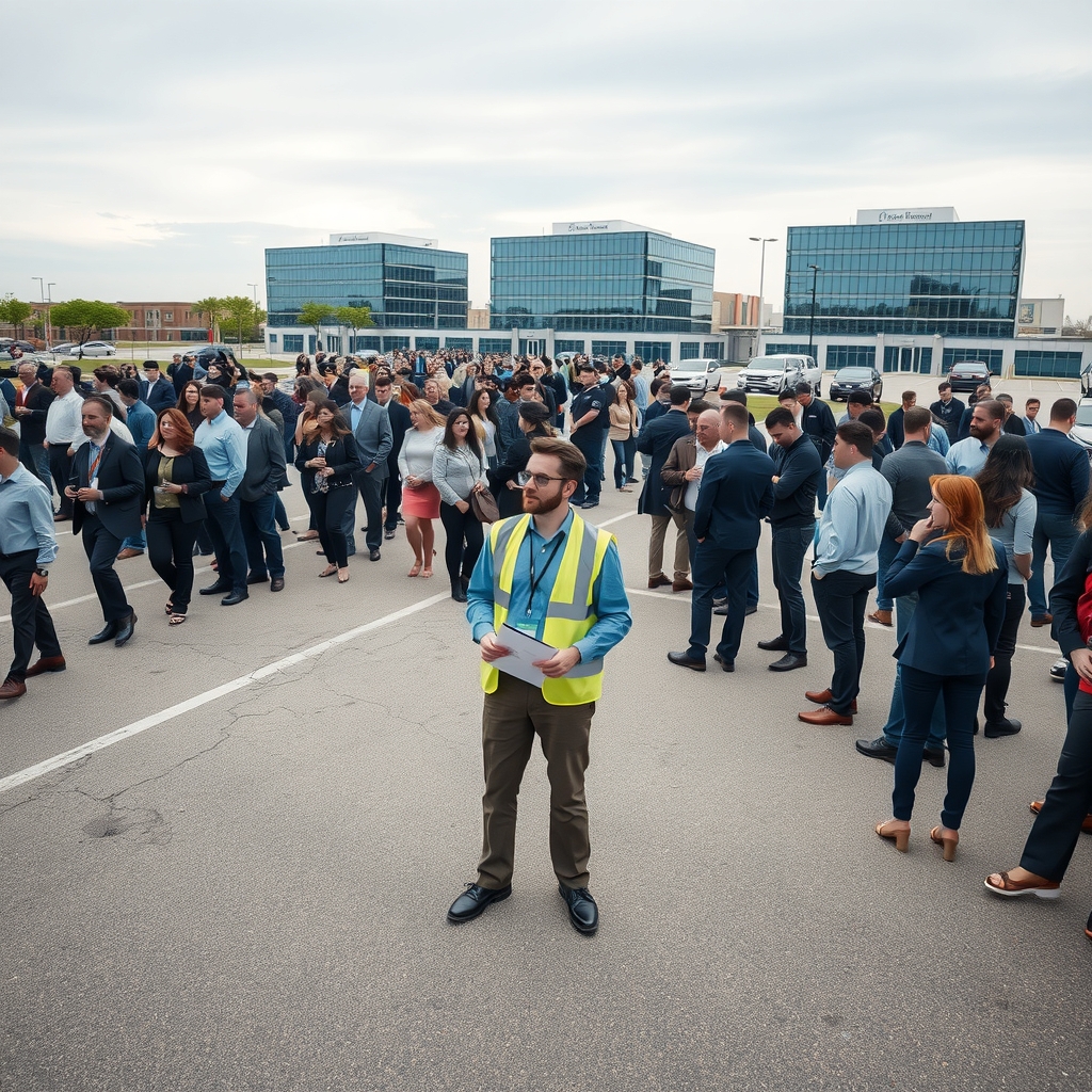 A crowd of office workers stands scattered in a parking lot while a man in a safety vest holds a clipboard and a lanyard.