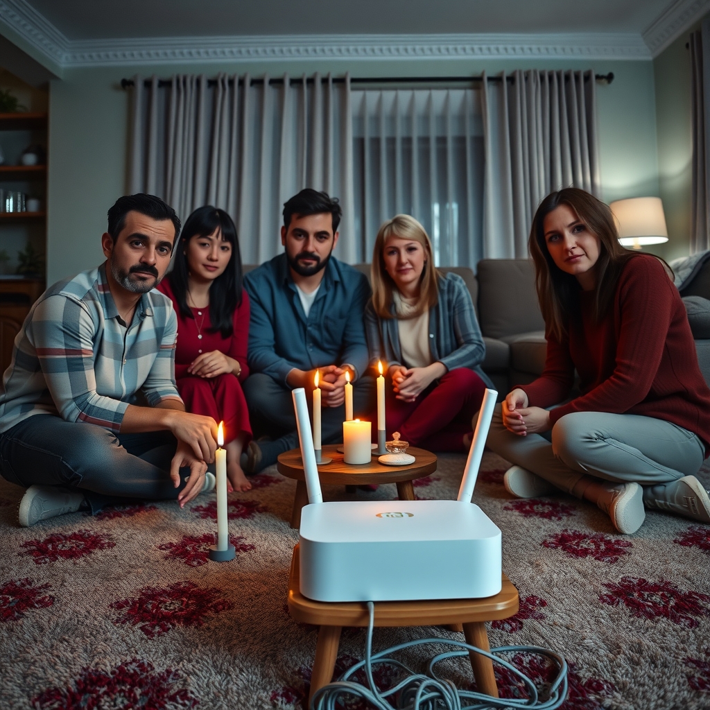 A family sits cross-legged on a living room carpet around a white Wi-Fi router glowing amber on a stool, flanked by candles and tangled cables.