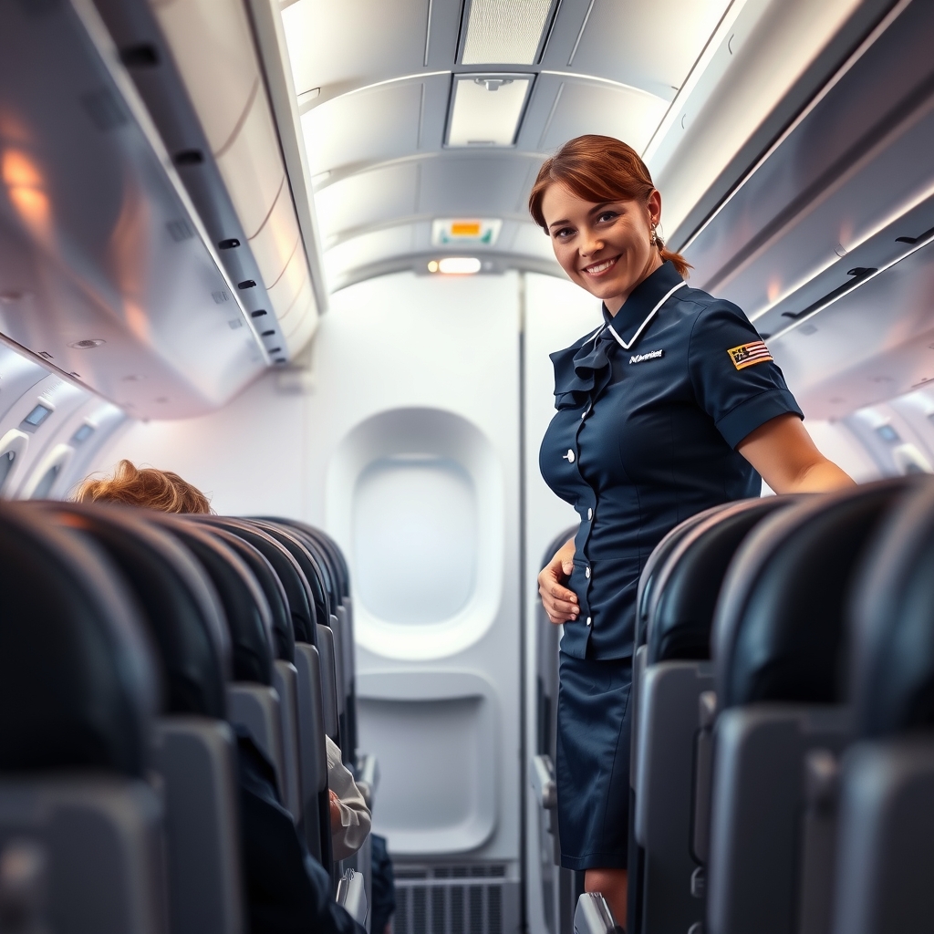 A smiling flight attendant gestures with confidence toward an ordinary economy seat while a passenger looks on cautiously.