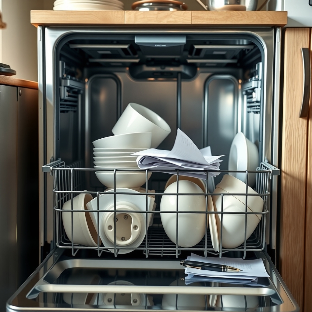 An open dishwasher in a suburban kitchen with bowls stacked face-up on the lower rack and a folded note resting on the pulled-out rack.