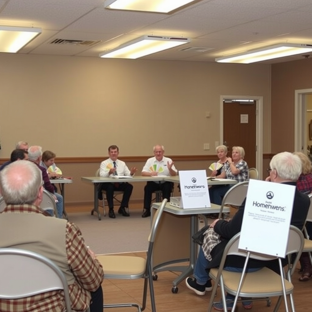 Seven HOA board members sit behind a folding table covered in beige paint swatches as residents watch from rows of folding chairs in a clubhouse.