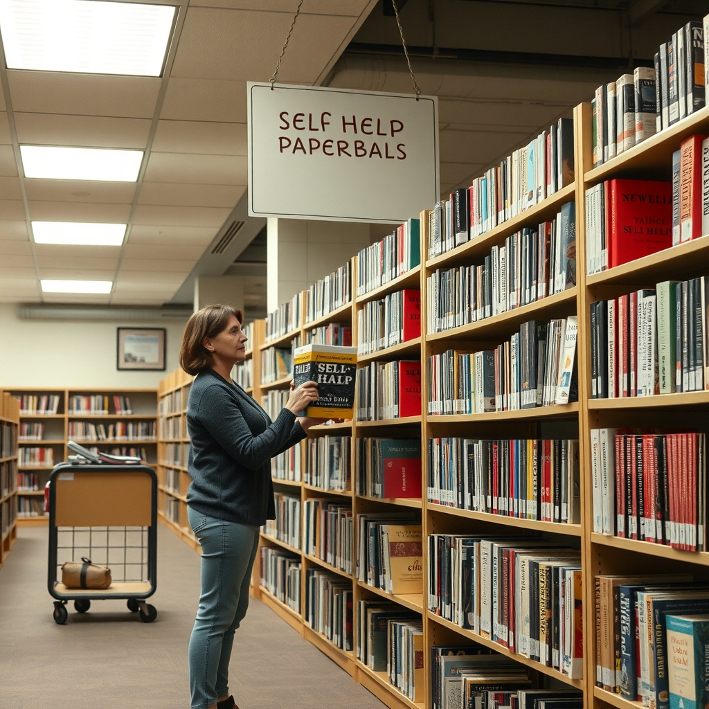 Bibliotekarka w swetrze układa na półce stos książek w miękkich okładkach, a obok czeka wózek na książki.