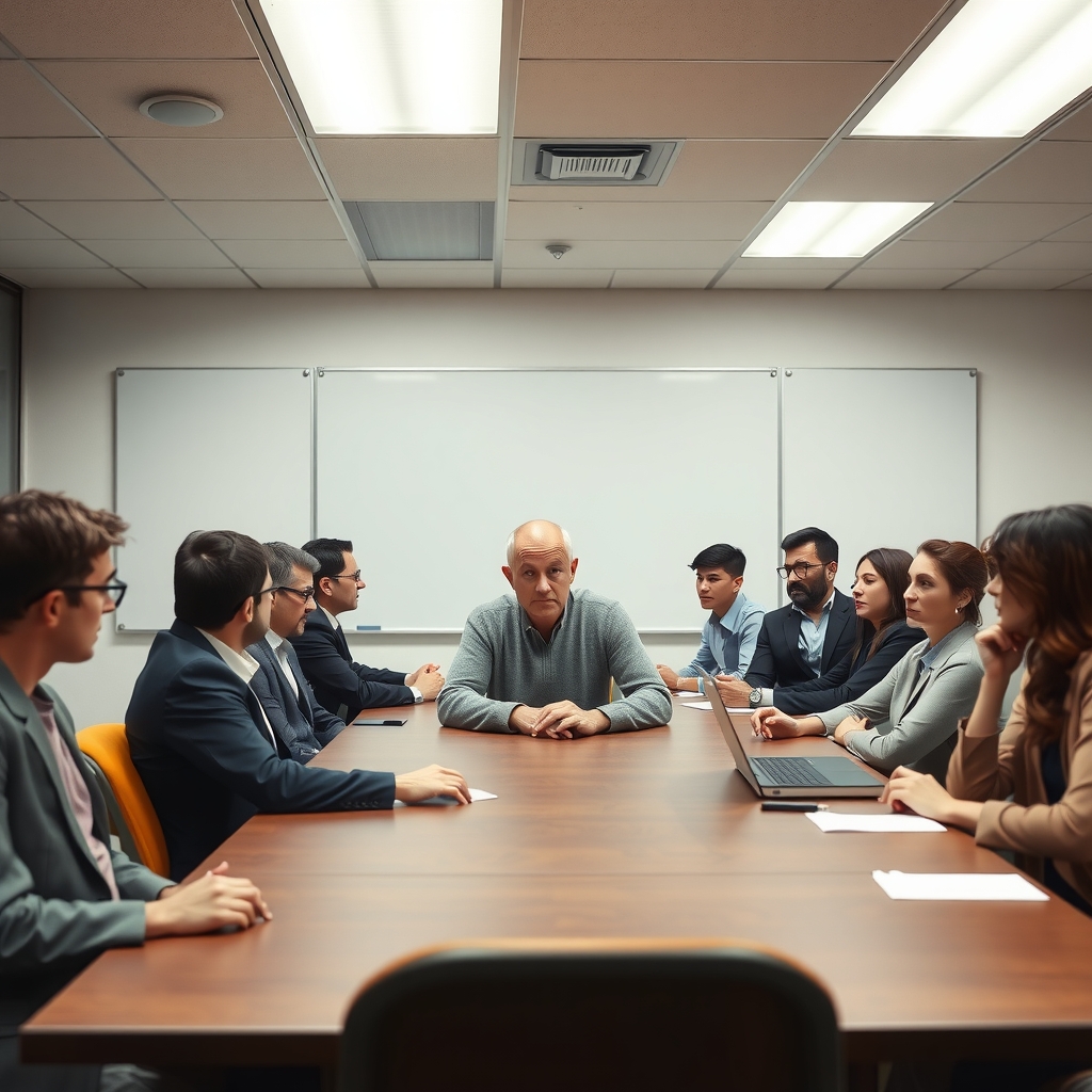 A calm middle-aged man sits at the end of a conference table as coworkers glance at him uneasily.