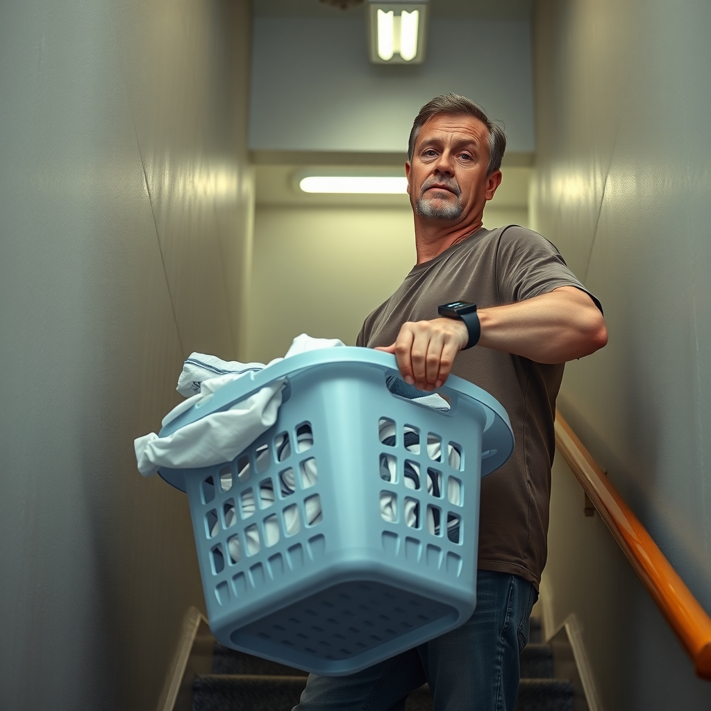 A weary man on an apartment stairwell landing clutches a heaping laundry basket, a glowing fitness tracker on his wrist.