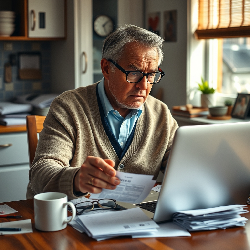 A middle-aged man at a kitchen table squints at a laptop, holding one pair of reading glasses while wearing another on his forehead.