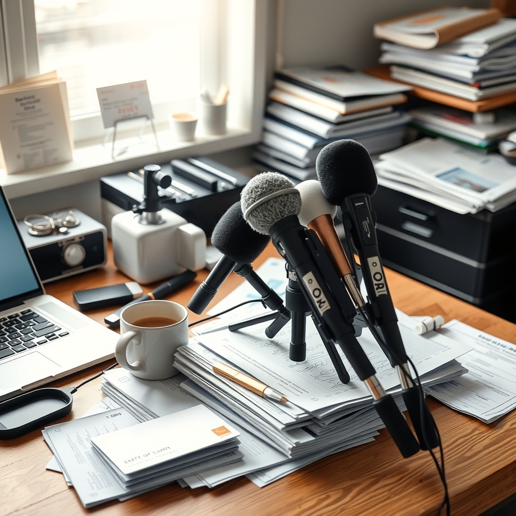 A cluttered desk with an open laptop and several tiny microphones arranged on a stack of mail, as if for a press conference.