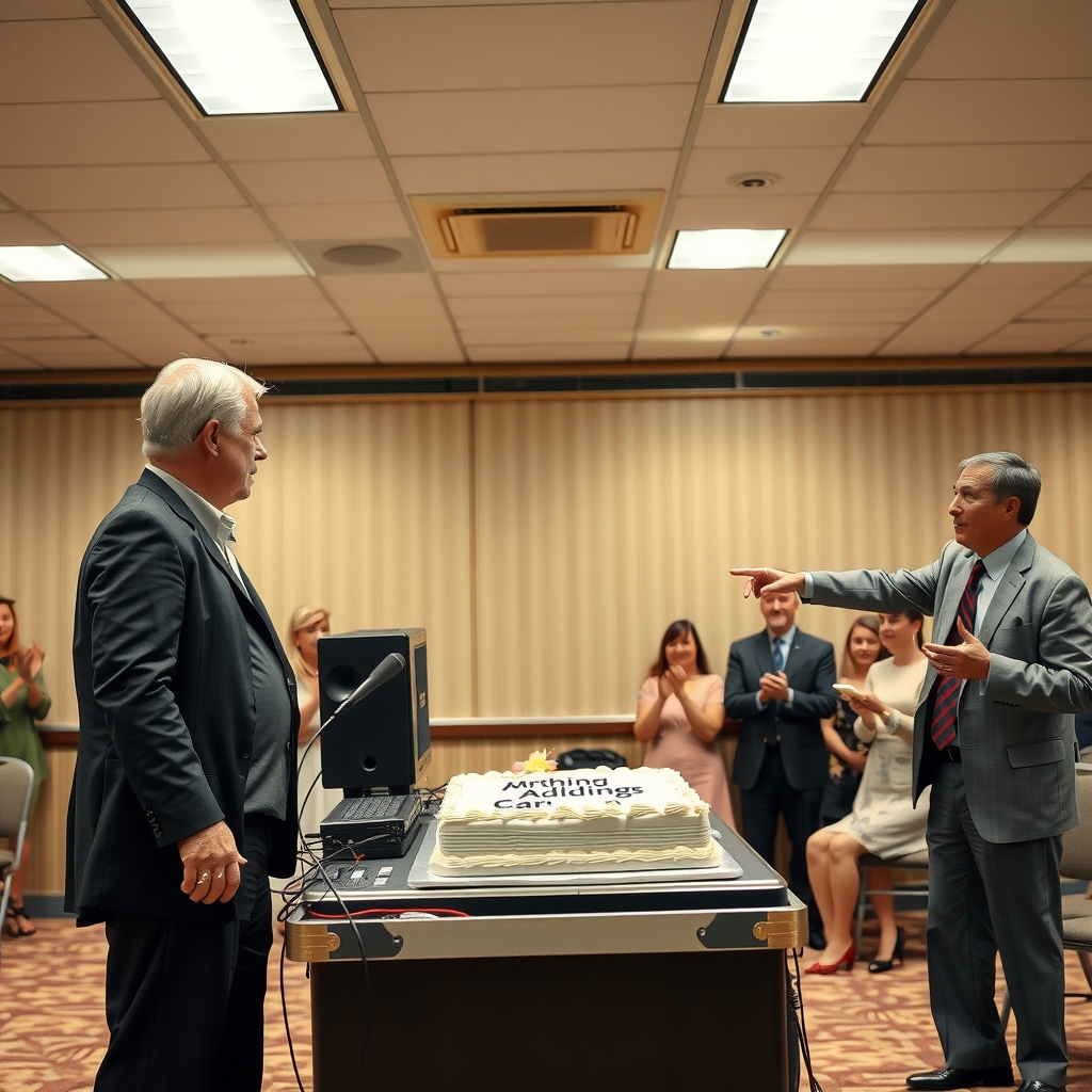 A weary wedding DJ stands behind his equipment in a beige banquet hall as colleagues applaud and an uncle in a loosened tie gestures at the speakers.
