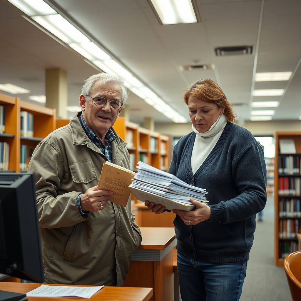 Mężczyzna w wiatrówce trzyma sfatygowaną książkę kieszonkową przy biurku bibliotecznym, a bibliotekarka podsuwa mu stos dokumentów i długopis.