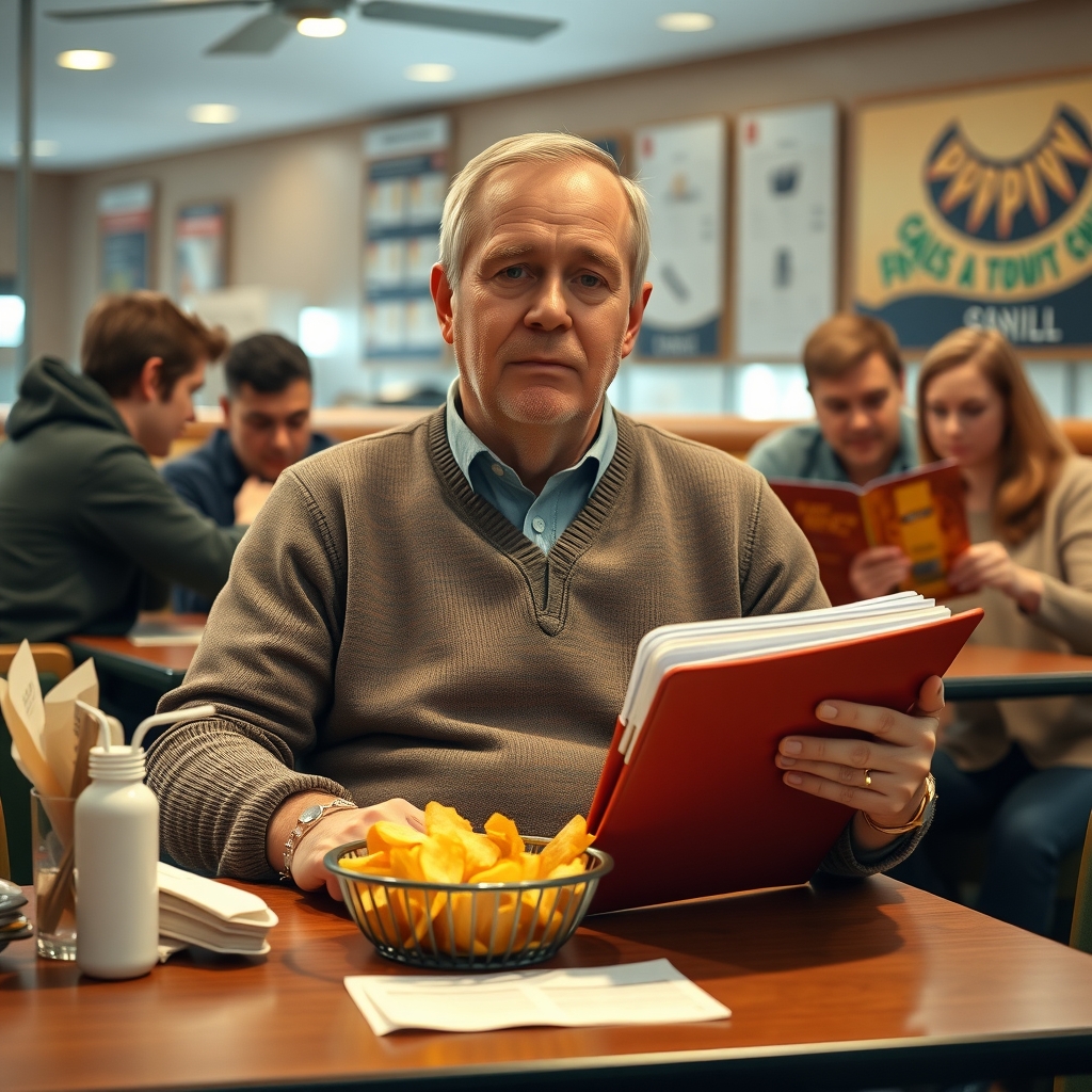 A man in a quarter-zip sweater at a restaurant table flips through a tabbed binder while two friends look warily at their menus.