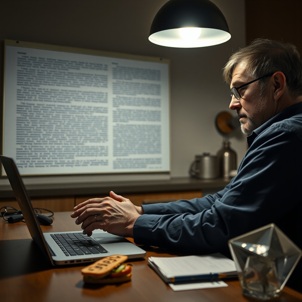 A weary man sits at a kitchen table late at night, highlighting a laptop screen packed with dense legal text.