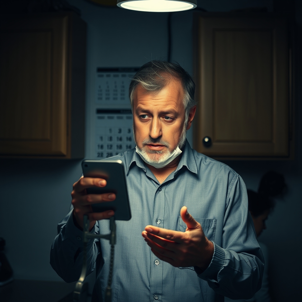 A middle-aged man stands in a dimly lit kitchen, staring in alarm at his smartphone while a wall calendar hangs behind him.