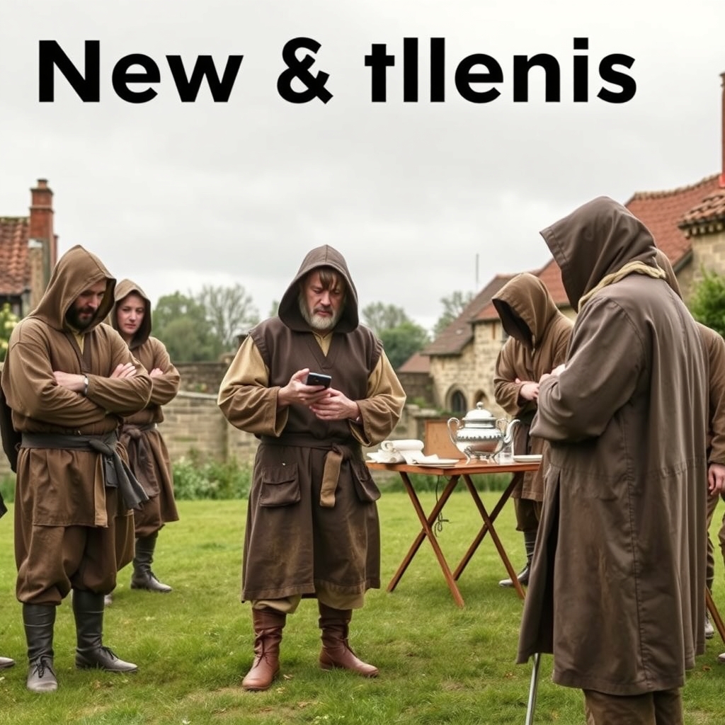 A man in a rough medieval tunic looks at his smartphone on a village green while costumed members of a reenactment society glare at him.