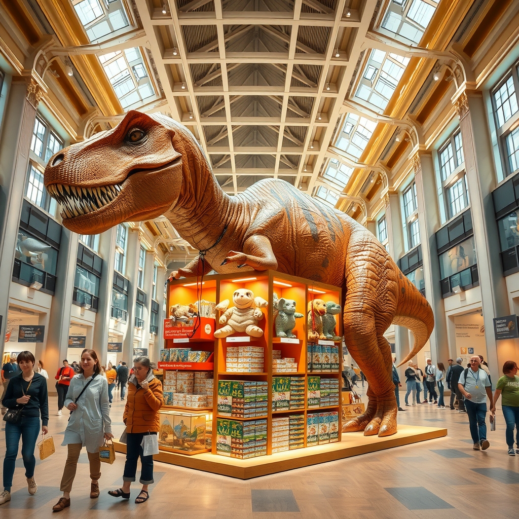A towering dinosaur-shaped gift shop display of shelves and plush toys stands in a museum hall as visitors browse with shopping baskets.