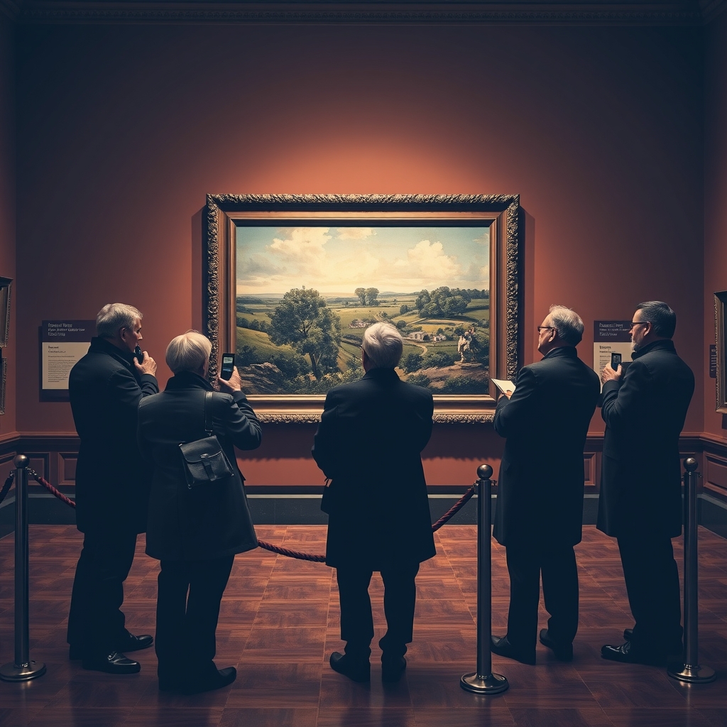 Museum visitors stand before a large landscape painting, each holding an audio guide to one ear and nodding thoughtfully.