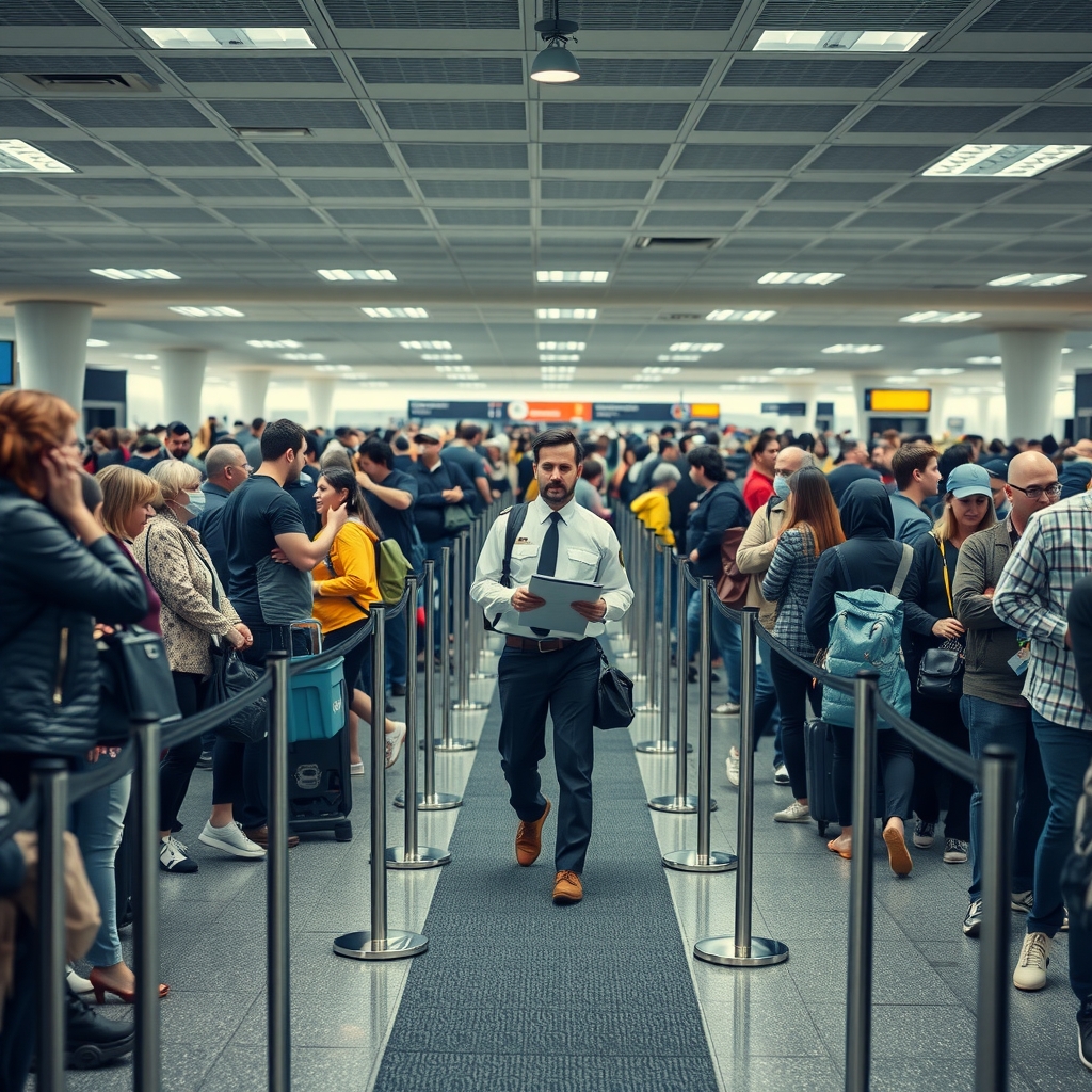 Shoeless travelers carrying gray plastic bins shuffle through a twisting, endless-looking security queue while a TSA agent stands at its center holding a clipboard.
