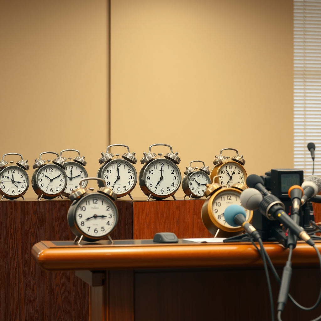 A row of analog and digital alarm clocks arranged behind a podium with microphones, one of them visibly dented.