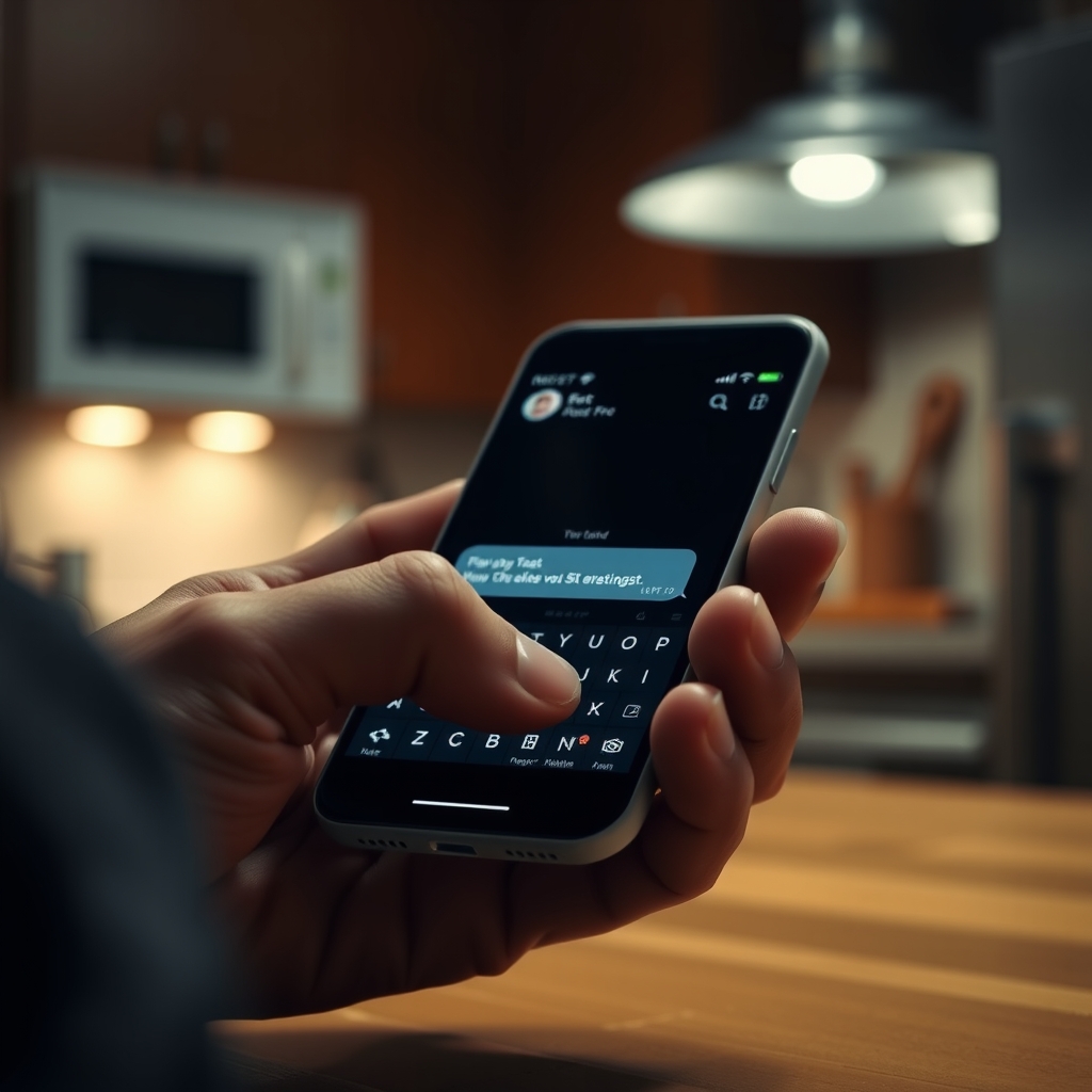 A person's thumbs hover over a smartphone keyboard as the predictive text bar glows above the keys.