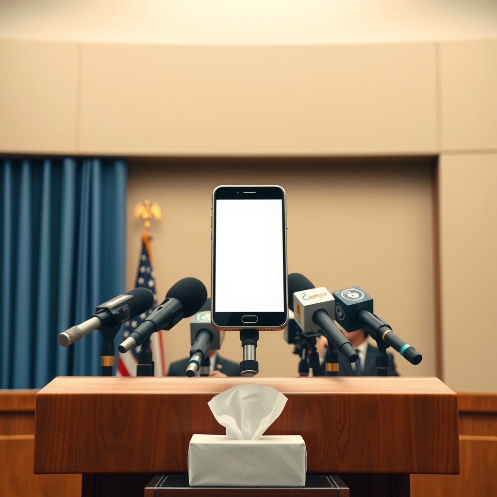 A smartphone standing on a podium surrounded by press microphones and a box of tissues during a press conference.