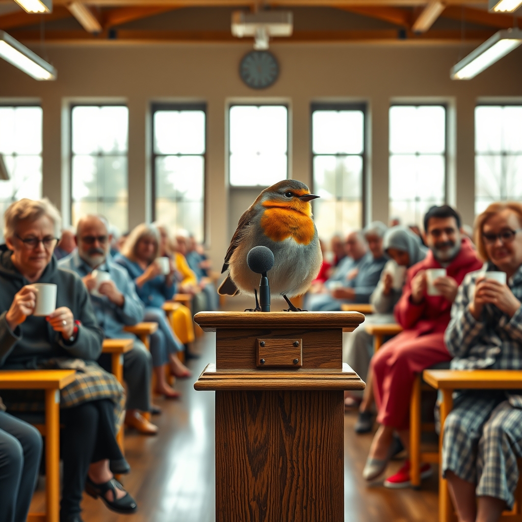 A robin perched at a podium microphone before an audience of tired adults in bathrobes holding coffee mugs.