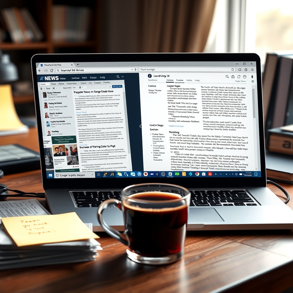 A laptop on a cluttered desk displaying a browser bookmarks bar crammed with dozens of saved articles, next to a cold cup of coffee.
