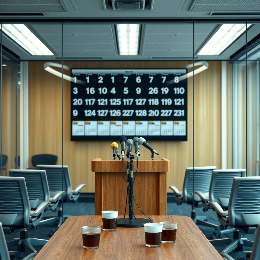 An empty podium with microphones in a glass-walled conference room, facing rows of vacant chairs beneath a monitor showing overlapping calendar blocks.