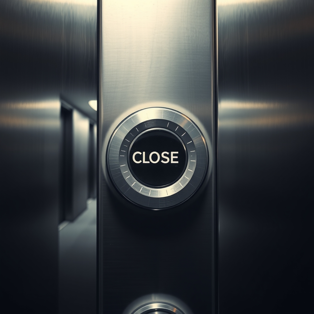 A close-up of an elevator panel with a visibly worn close-door button under fluorescent lighting.