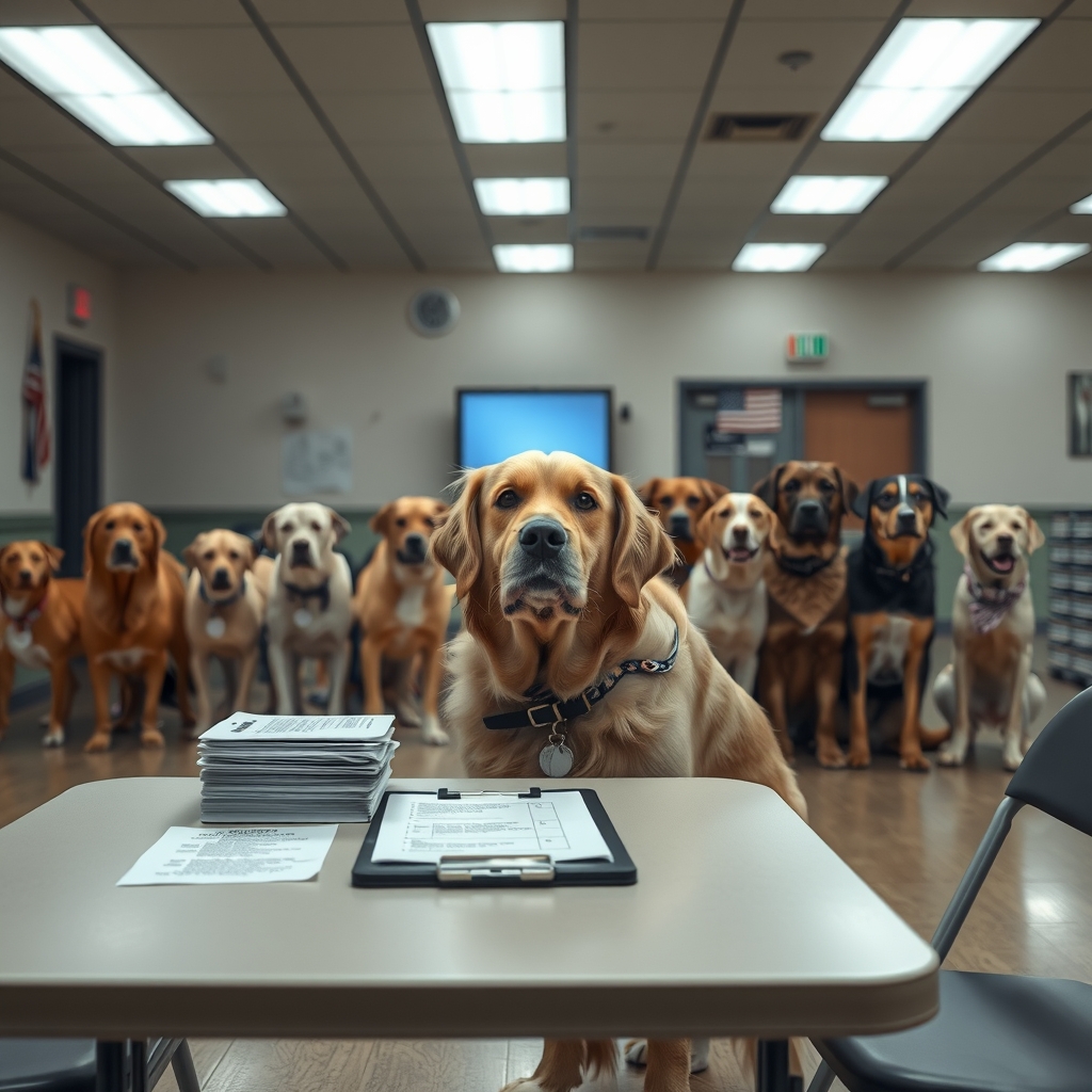 Zaniepokojony golden retriever siedzi przy składanym stole z notatnikiem i stosem kart do głosowania, a za nim w domu kultury czeka kolejka innych psów.