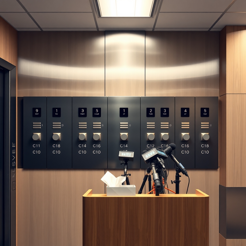 A podium with microphones and a tissue box set up in an office lobby in front of a wall of elevator button panels.