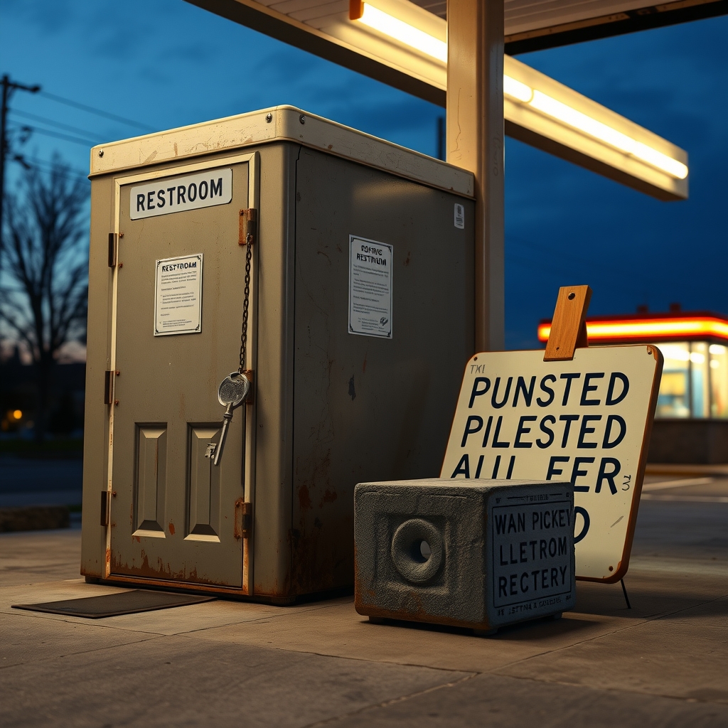 A gas station restroom door at dusk with a key chained to a cinder block on the ground and a picket sign propped against the wall.