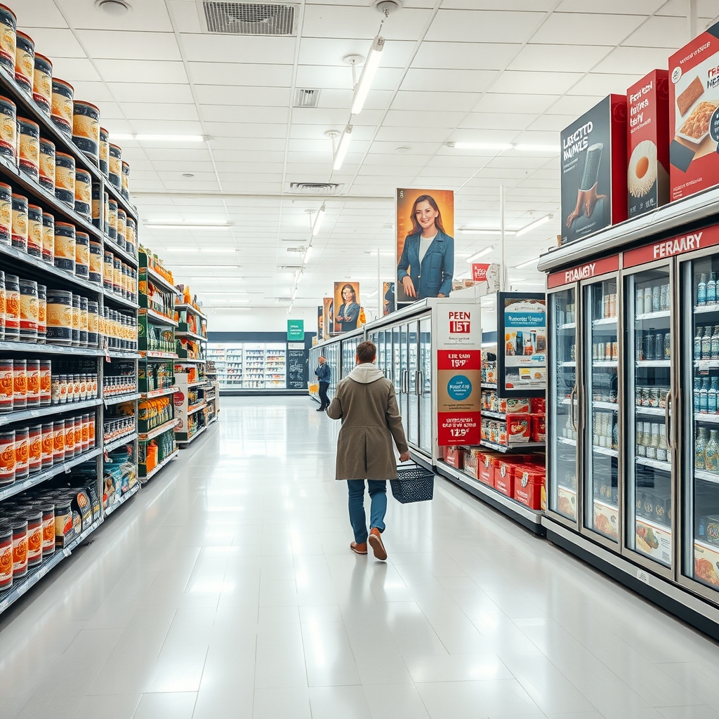 A lone shopper with an empty basket walks down a long supermarket aisle lined with candles, snack tins, and patio furniture toward a distant dairy case.