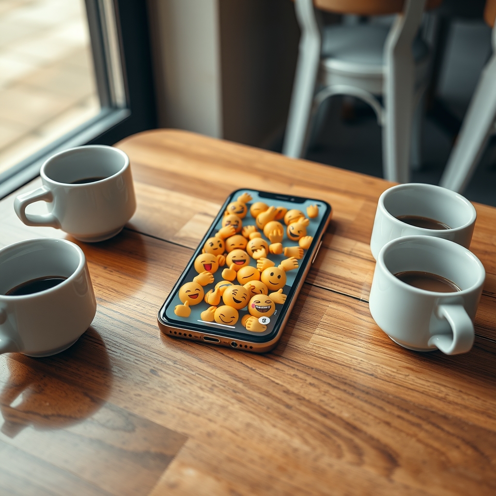 A smartphone on a café table displaying a group chat of thumbs-up reactions, surrounded by four empty coffee cups and no people.