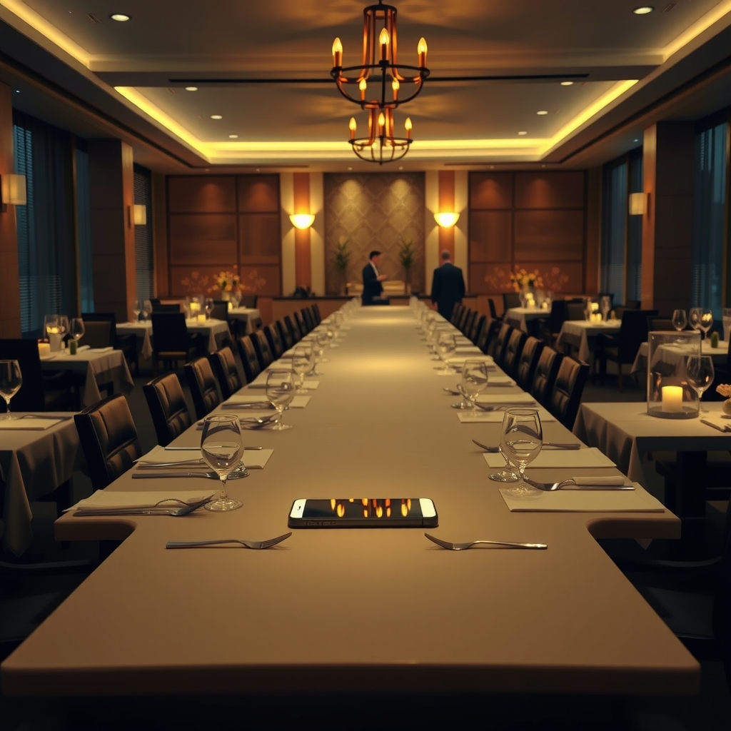 A long, empty restaurant table set for a large party, with one glowing smartphone lying in the center.