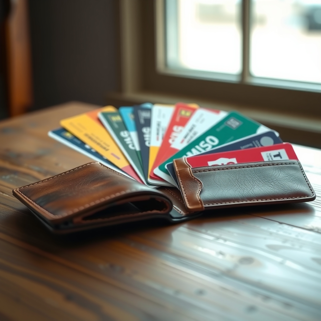 An open leather wallet on a wooden table with several gym membership cards arranged in a loose circle as if gathered for a meeting.