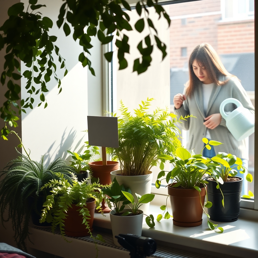 A windowsill of visibly drooping ferns and pothos while an owner with a watering can looks on, puzzled.