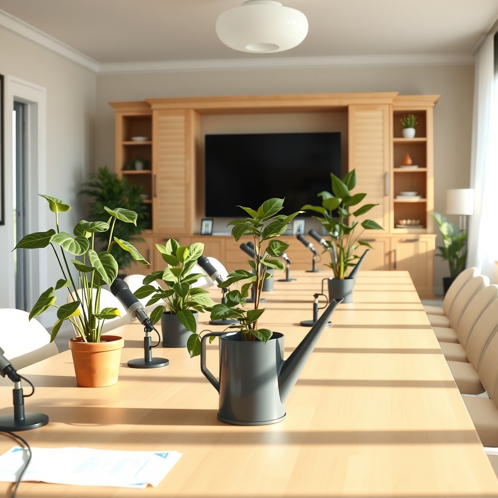 A row of potted houseplants arranged behind microphones at a conference-style table in a living room, with a watering can pushed to one side.
