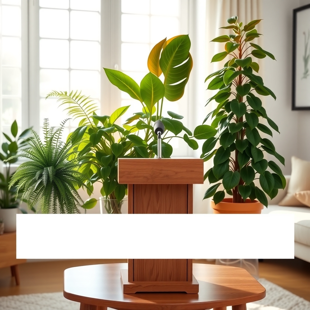 A group of houseplants with brown-tipped leaves, including a fern, a pothos, and a fiddle-leaf fig, arranged in a living room as if holding a press conference.